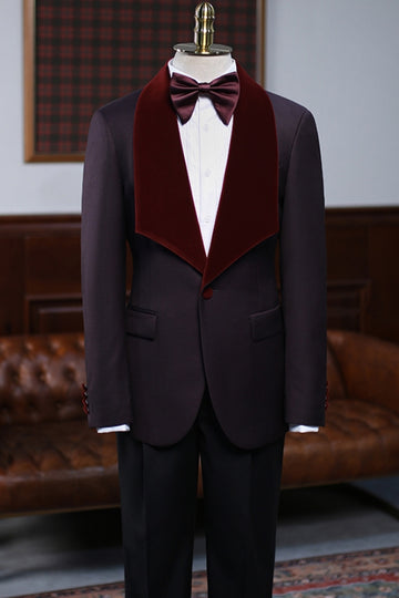Burgundy Velvet Lapel Men's Wedding Prom Suit with Black Pants