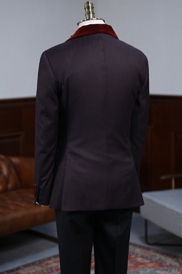 Burgundy Velvet Lapel Men's Wedding Prom Suit with Black Pants