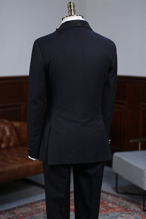 Classic Satin Shawl Lapel Black Wedding Suit with Knot Buckle