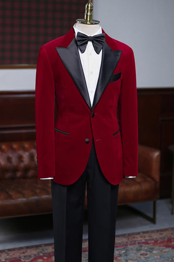 Stylish Red Velvet Black Peak Satin Lapel Men's Suit Wedding Prom