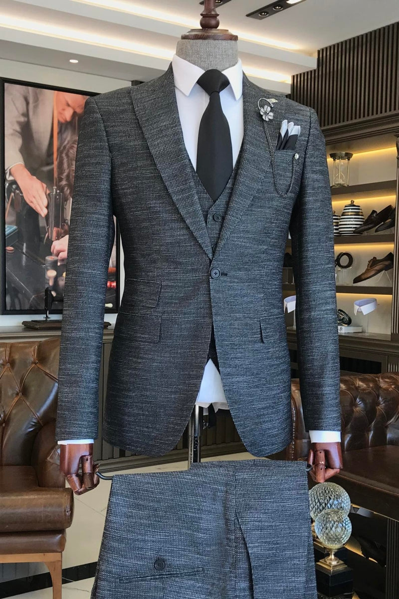 Dark Gray 3 Piece Horizontal Stripes Business Suit with Flap Pockets