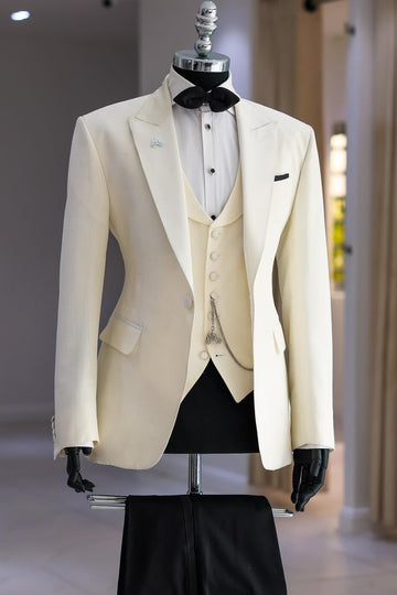 Simple 3 Piece Cream White Wedding Tuxedo Groom Suits