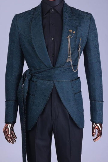 Unique Shawl Lapel Dark Green Jacquard Prom Suit with Belt (Black Pants)