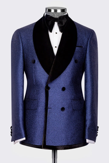 Sparkly Navy Blue Double Breasted Prom Men Suits with Silk Lapel