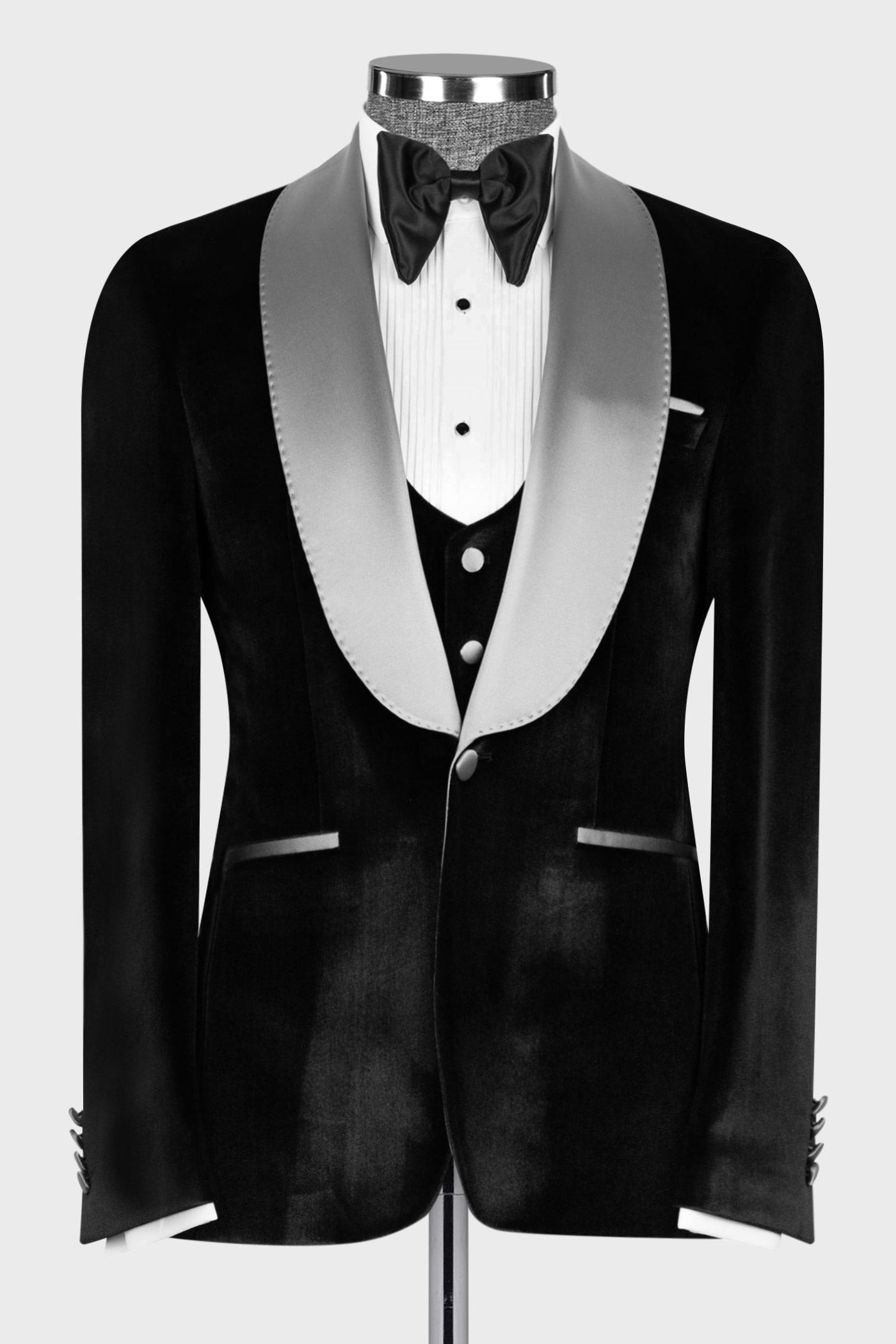 Black Velvet 3 Pieces Bespoke Wedding Groom Suits with Silver Lapel