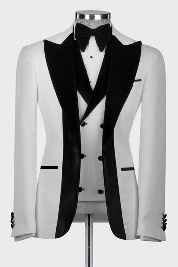 Stylish White Jacquard 3-Pieces Peaked Lapel Wedding Groom Suit