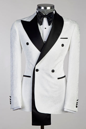 Pure White Jacquard Double Breasted Wedding Groom Suits
