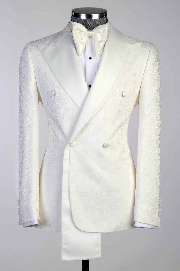 Beige Jacquard Double Breasted Wedding Groom Suits