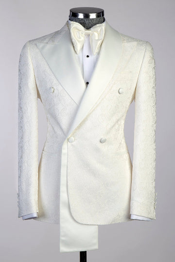 Beige Jacquard Double Breasted Wedding Groom Suits