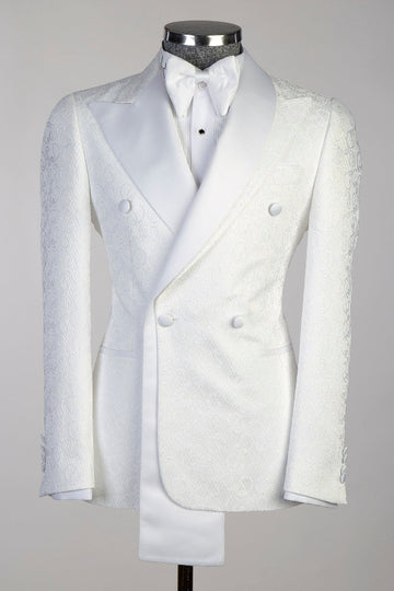Hot White Jacquard Double Breasted Wedding Groom Suits