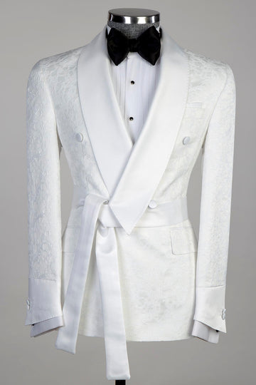 Fashion White Jacquard Shawl Lapel Wedding Groom Suits with Belt