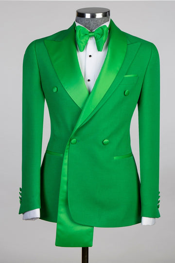 Hot Green Double Breasted Slim Fit Prom Suit with Special Collar