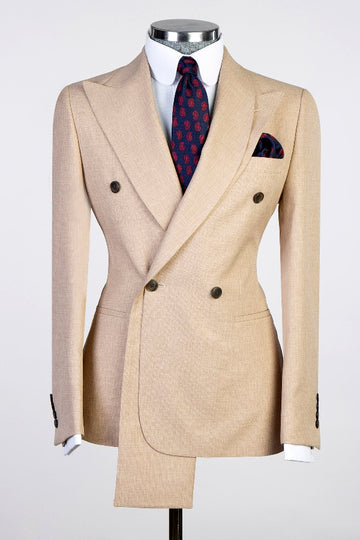 Khaki Double Breasted Slim Fit Prom Suit with Special Collar