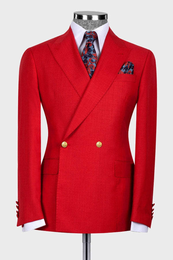 Hot Red Double Breasted Prom Men Suits with Gold Button