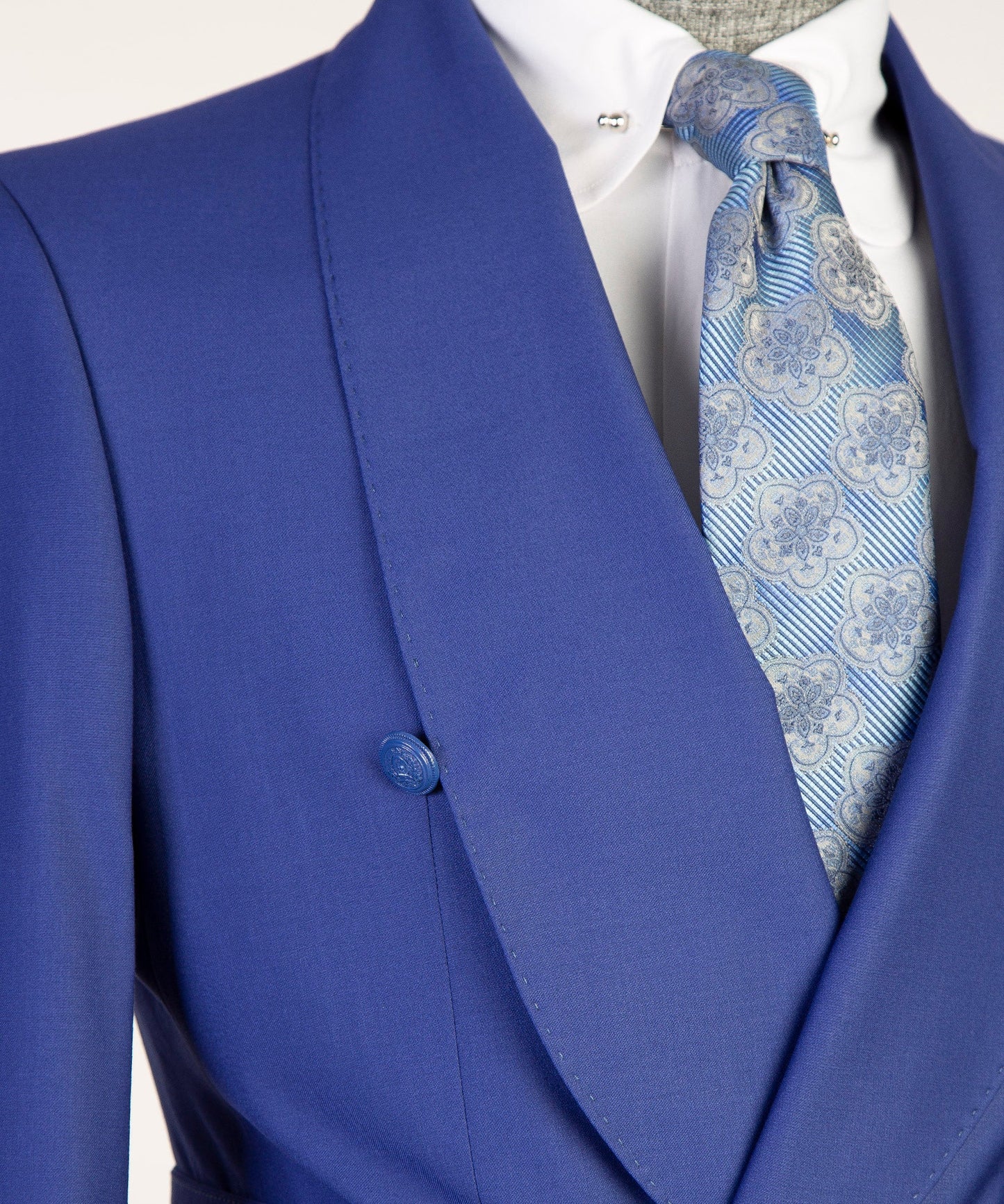 Navy Blue Shawl Lapel Double Breasted Prom Suits with Belt