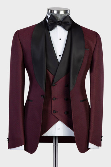 Burgundy 3 Pieces Shawl Lapel Wedding Men Suit