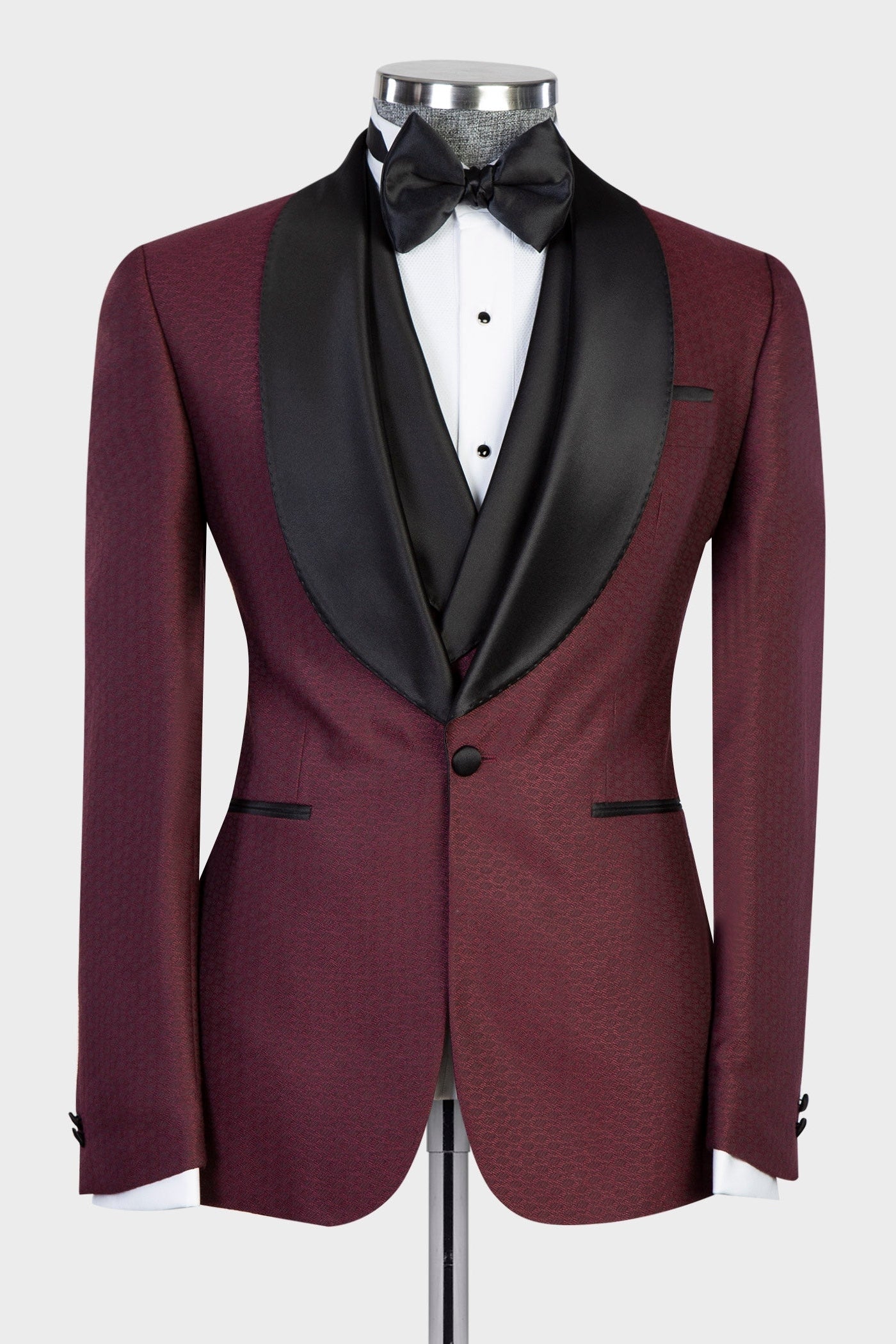 Burgundy 3 Pieces Shawl Lapel Wedding Men Suit