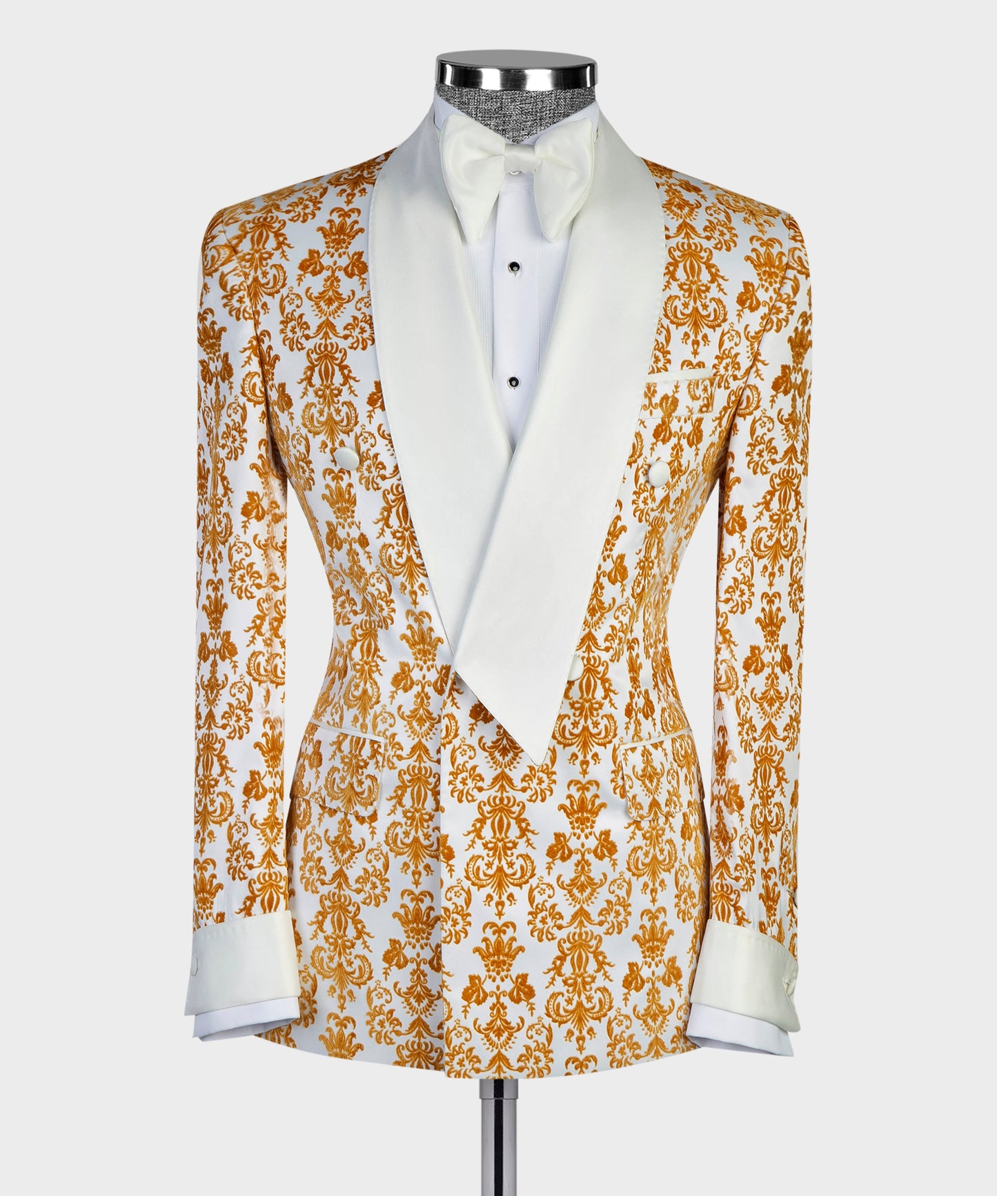 White and Gold Jacquard Double Breasted Men Suit