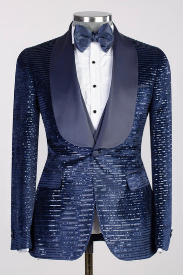 Navy Blue 3-Pieces Sequins Slim Fit Prom Suits