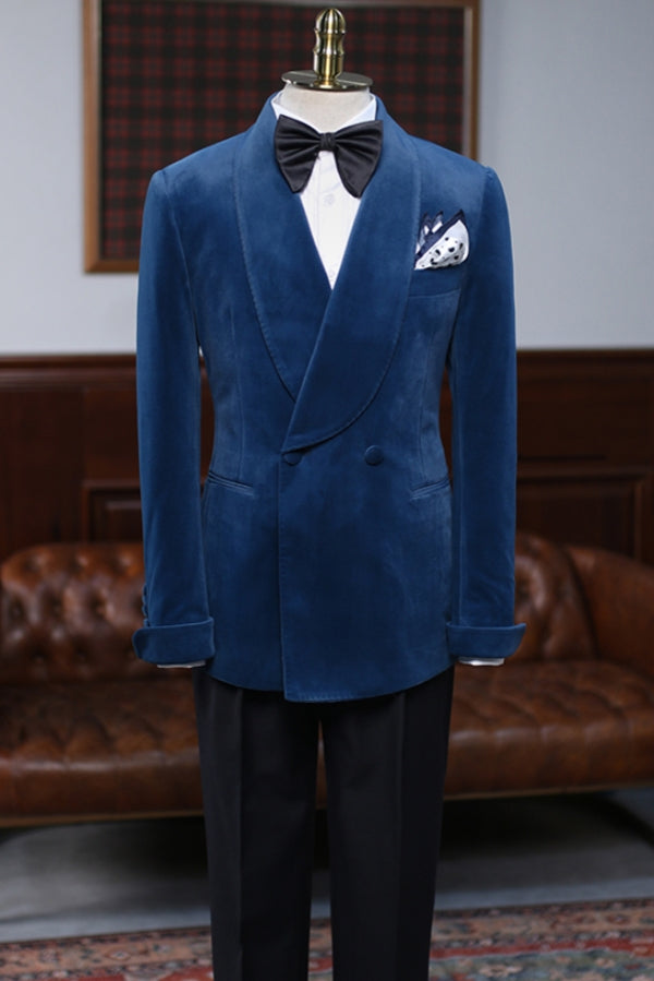 New Arrival Blue Velvet Double Breasted Prom Suit Wedding Tuxedo