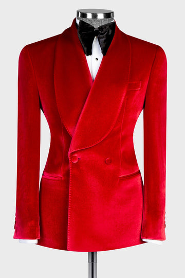 Hot Red Velvet Shawl Lapel Double Breasted Wedding Suit