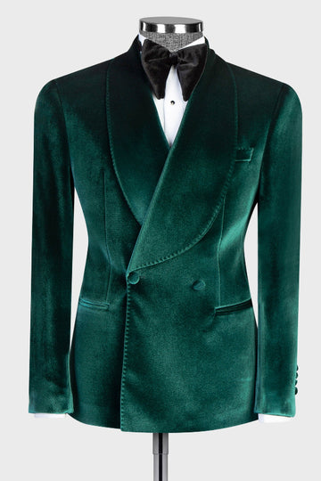 Dark Green Velvet Shawl Lapel Double Breasted Wedding Suit