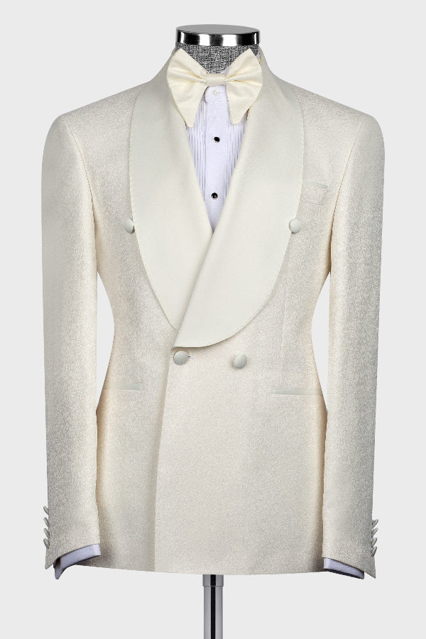 Beige Jacquard Double Breasted Big and Tall Wedding Suit