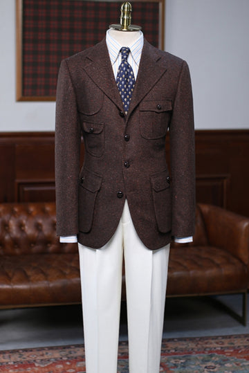 Retro Coffee Tweed Slim Fit Men's Blazer with Pockets