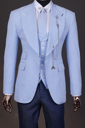 Fashionable 3 Piece Small Blue Plaid Men's Business Suit Online