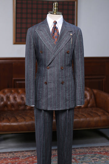 Pinstripe Dark Gray Double Breasted Business Suit with Patch Pockets