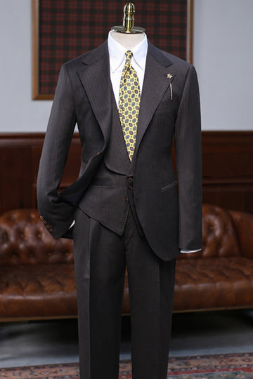Niche Dark Coffee Pinstripe Slim Fit 3 Piece Business Suit with Waistcoat