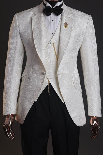Crisp White Jacquard 3 Piece Wedding Groom Suit with Black Pants