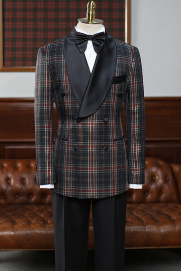 Worsted Red and Green Plaid Satin Shawl Lapel Double Breasted Prom Suit