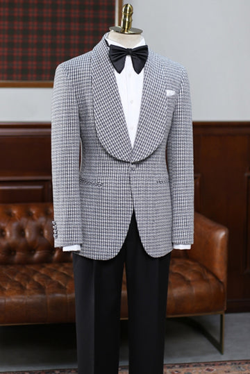 Fashion Wide Shawl Lapel Small Plaid Gray Formal Suit Blazer (No Pants)
