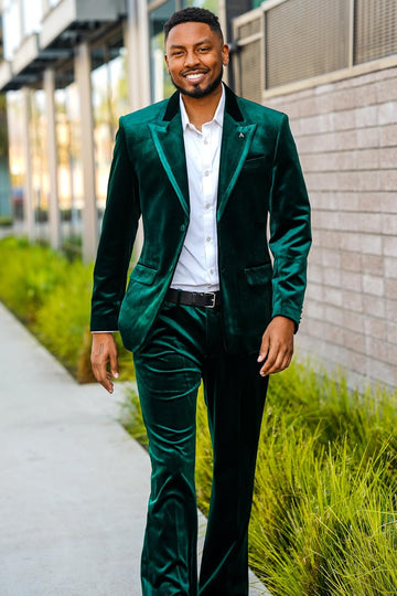 Stylish Green Velvet Peak Lapel 2 Pieces Men Suit