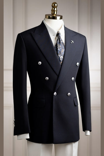 Navy Blue Double Breasted Peak Lapel Men Suits with White Pants