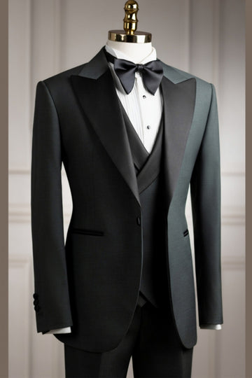 Dark Green Bespoke 3-Pieces Slim Fit Men Suit with Black Lapel
