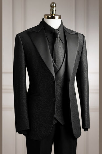 Black Jacquard 3-Pieces Bespoke Close Fitting Wedding Groom Suits