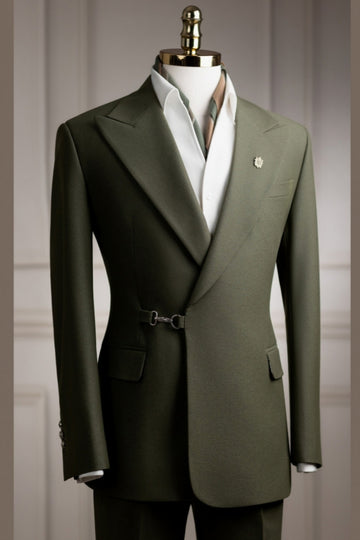 Lime Green Peak Lapel Slim Fit Prom Suit with Buckle
