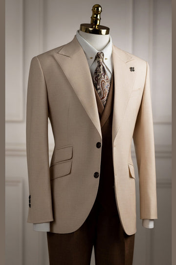 Khaki 3 Pieces Slim Fit Prom Suit with Burgundy Vest and Pants