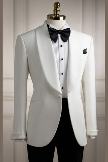 Modern White Shawl Lapel One Button Wedding Suit with Black Pants