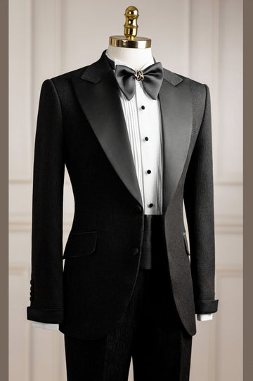 Bespoke Black Jacquard Peak Lapel Wedding Groom Suit