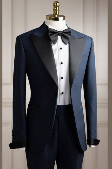 Navy Blue Jacquard Peak Lapel Wedding Groom Suit