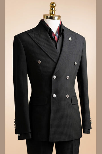 Cool Black Plaid Double Breasted Slim Fit Prom Suit