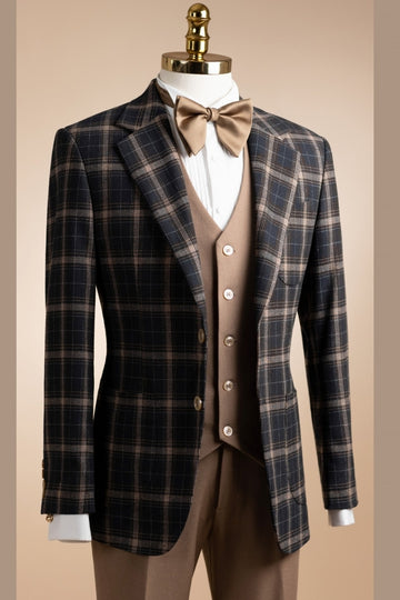 Blue Plaid 3-Piece Business Suits with Khaki Vest and Pants