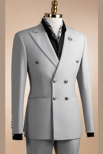 Bespoke Silver Peaked Lapel Double Breasted Business Suits