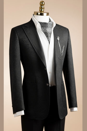 Classic Black Peak Lapel Jacquard Prom Outfits for Boy
