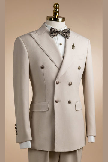 Beige Corduroy Double Breasted Close Fitting Prom Suits