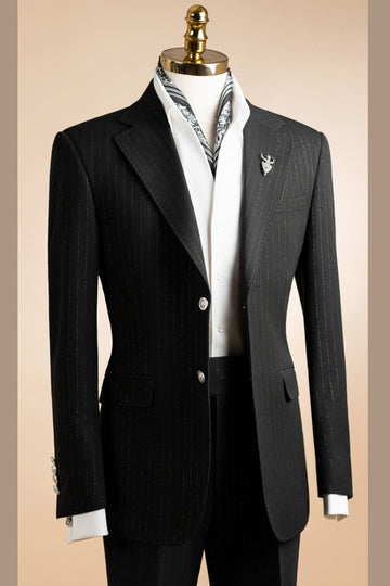 Black Striped Two Pieces Notch Lapel Formal Business Suits