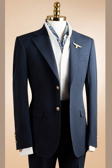 Navy Blue Pinstripe Two Pieces Notch Lapel Formal Business Suits